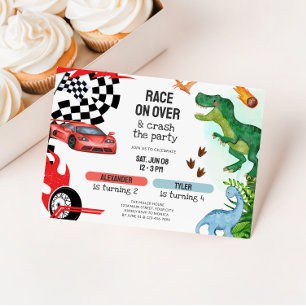 Invitation Anniversaire conjoint de dinosaures et de voitures