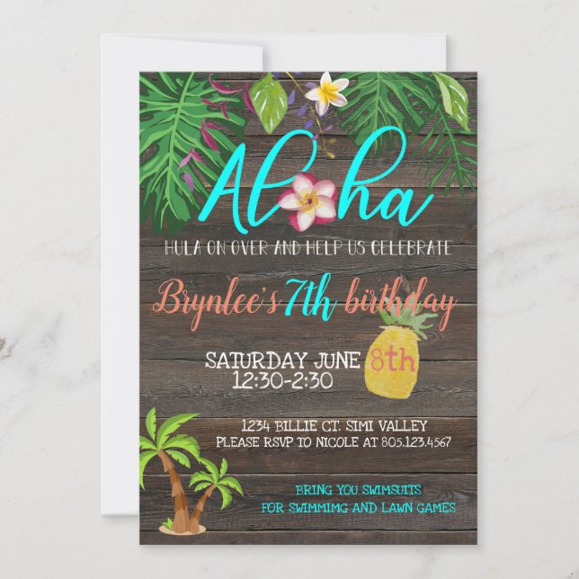 Invitation Anniversaire d'ALOHA|Tropical|Pool party (Devant)
