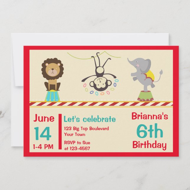 Invitation Anniversaire d'animaux de cirque (Devant)