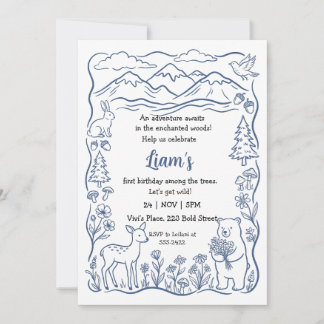 Invitation Anniversaire d'animaux de la forêt minimaliste ble