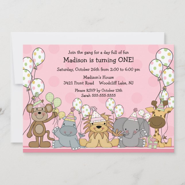 Invitation Anniversaire d'animaux de safari de filles (Devant)