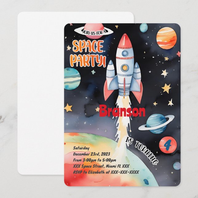 Invitation Anniversaire dans l'espace (Devant / Derrière)