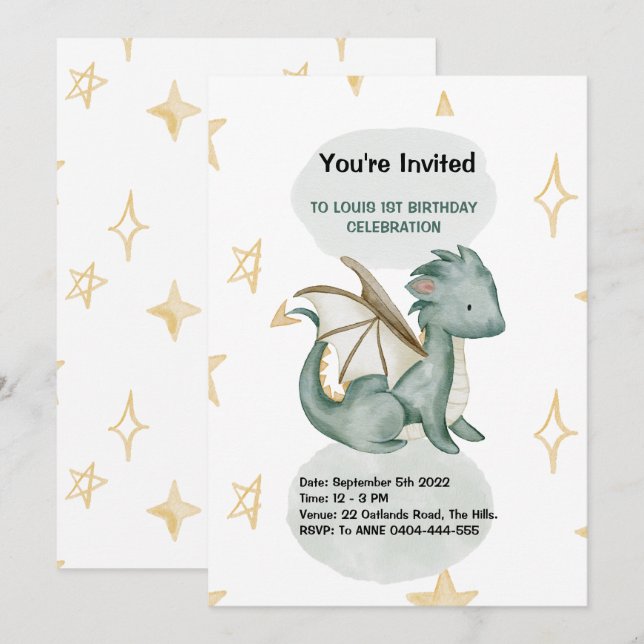 Invitation anniversaire d'aquarelle dragon (Devant / Derrière)