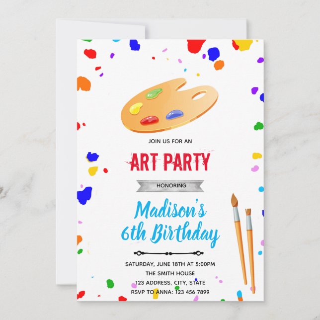 Invitation Anniversaire d'art de couleur primaire mignon (Devant)