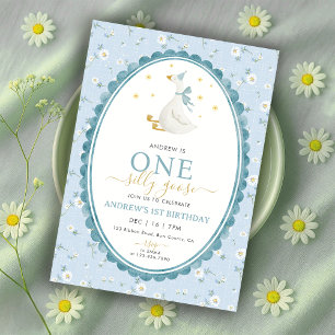 Invitation Anniversaire de 1 an de Blue Floral One Silly Goos
