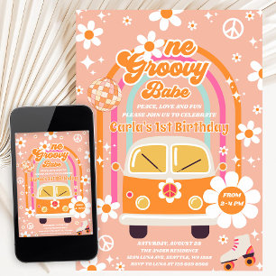 Invitation Anniversaire de 1 an Retro Hippie Arc-en-ciel Une