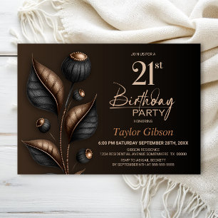 Invitation Anniversaire de 21 ans au eucalyptus noir et cuivr