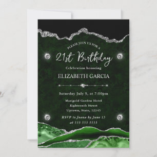 Invitation Anniversaire de 21 ans en Agate Pailletée Verte et