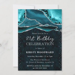 Invitation Anniversaire de 21 ans Teal et Paillettes d'Argent