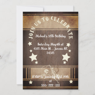 Invitation Anniversaire de 30 ans à thème cowboy en bois rust