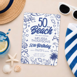 Invitation Anniversaire de 50 ans à la plage doodle dessiné à