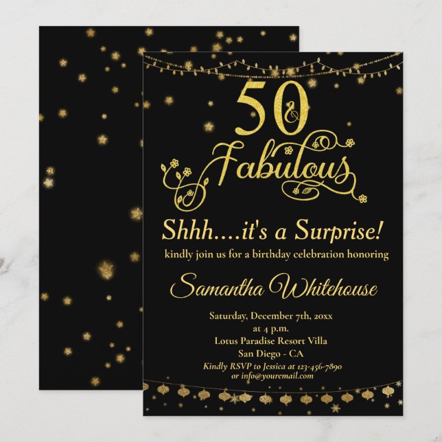 Invitation Anniversaire de 50 et Fabulous Gold Black Surprise (Devant / Derrière)