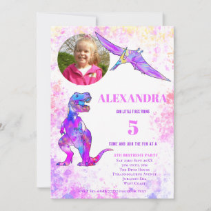 Invitation Anniversaire de 5 ans de Dinosaur Photo T Rex Rose