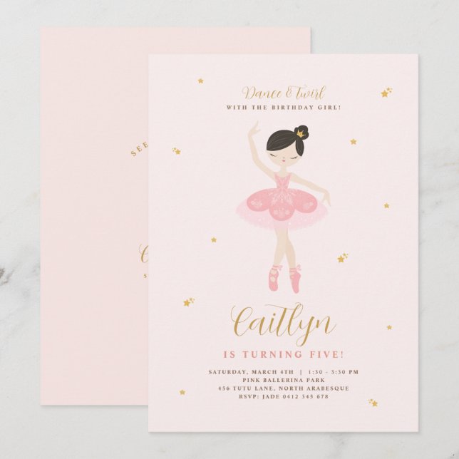 Invitation Anniversaire de Ballerina Rose & Or (Devant / Derrière)