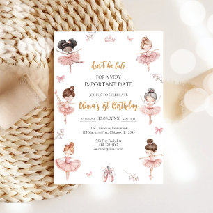 Invitation Anniversaire de Ballerine aux Rubans Roses Marron 
