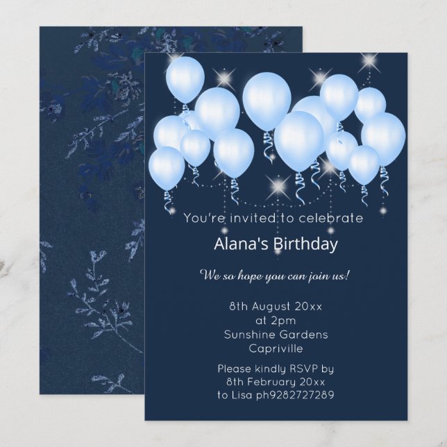 INVITATION ANNIVERSAIRE DE BALLON MODERNE DE LA MARINE ÉLÉGAN (Devant / Derrière)