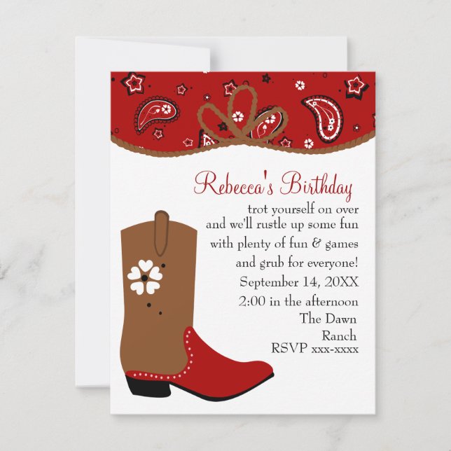 Invitation Anniversaire de Bandana et Lasso Cowgirl (Devant)