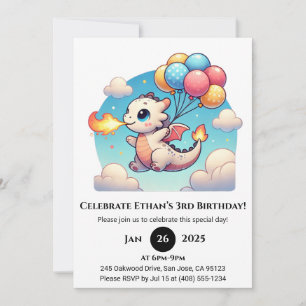 Invitation Anniversaire de bébé dragon volant avec des ballon