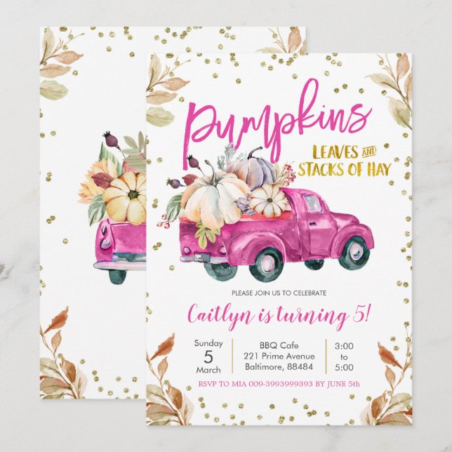 Invitation Anniversaire de Camion Citrouille rose (Devant / Derrière)
