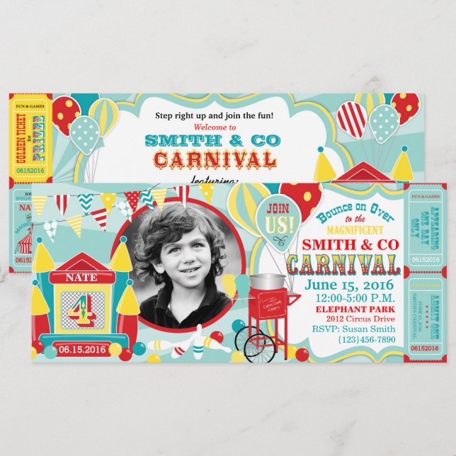 Invitation Anniversaire de carnaval de Chambre de rebond (Devant / Derrière)