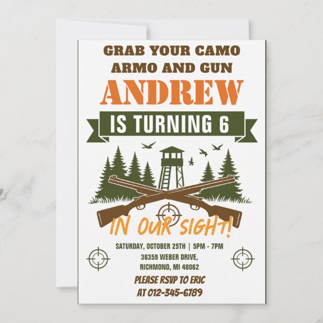 Invitation Anniversaire de chasse personnalisé pour cerf (Devant)