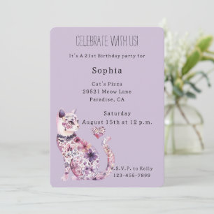 Invitation Anniversaire de chat floral violet