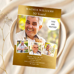 Invitation Anniversaire de collage de photos d'or