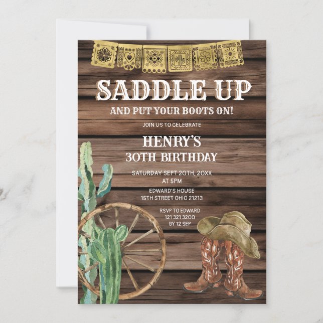 Invitation Anniversaire de Cowboy Occidental Saddle Up Bois R (Devant)