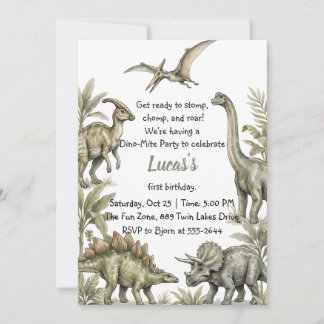 Invitation Anniversaire de dinosaure aquarelle vert terreux j
