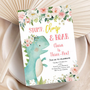 Invitation Anniversaire de dinosaure fille trois-Rex rose