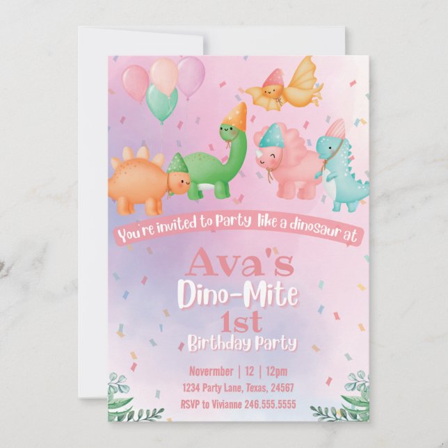 Invitation Anniversaire de Dinosaure Rose (Devant)