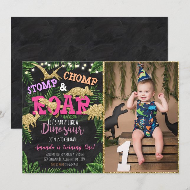 Invitation Anniversaire de Dinosaure Tropical Girl (Devant / Derrière)