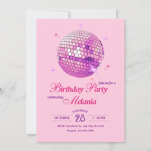 Invitation Anniversaire de discothèque rose violet (Devant)