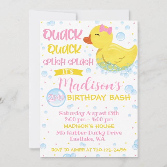Invitation Anniversaire de Duckie en caoutchouc, D (Devant)
