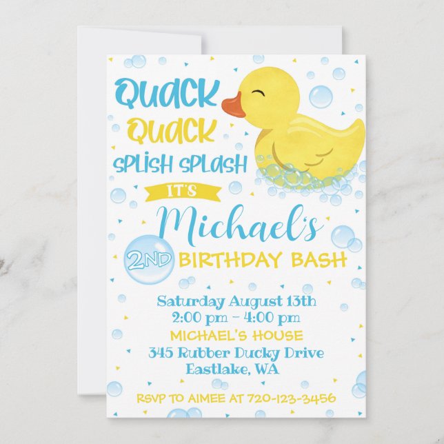 Invitation Anniversaire de Duckie en caoutchouc, D (Devant)