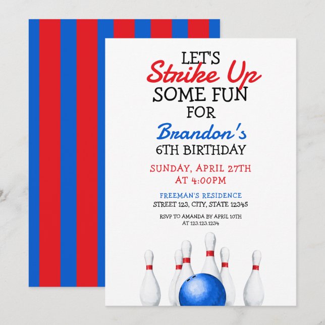 Invitation Anniversaire de enfant amusant Red et Blue Bowling (Devant / Derrière)