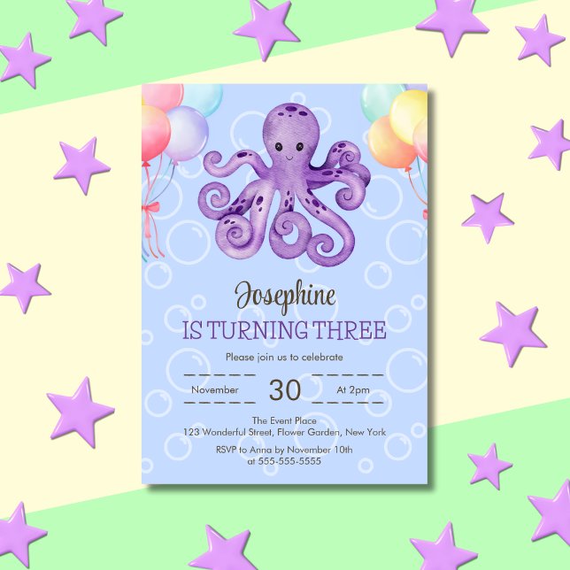 Invitation Anniversaire de enfant bleu bulle de pieuvre (Créateur téléchargé)
