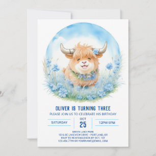 Invitation Anniversaire de enfant Blue Highland Cow Bash