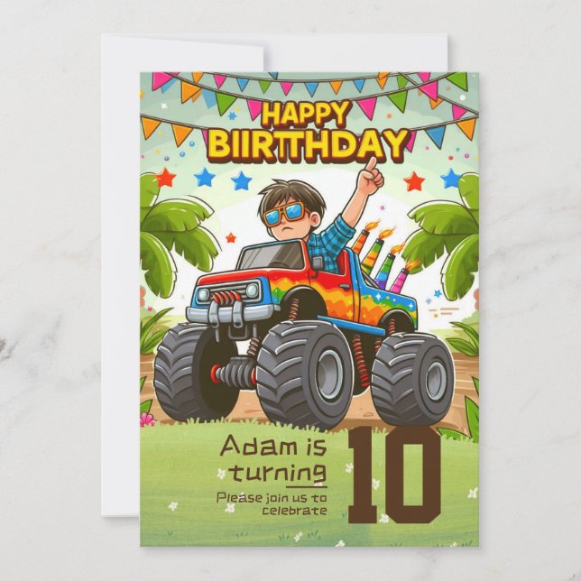 Invitation Anniversaire de enfant : Camion Monster (Devant)
