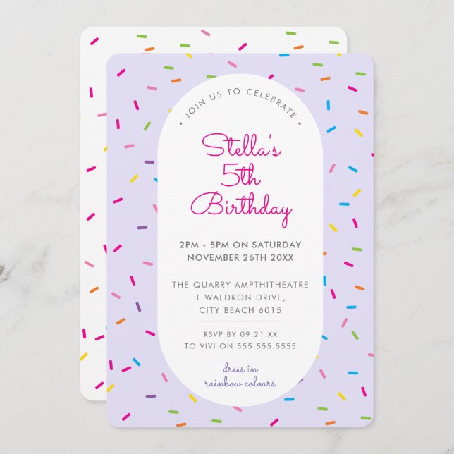 Invitation ANNIVERSAIRE DE ENFANT coloré arrosage bordure vio (Devant / Derrière)