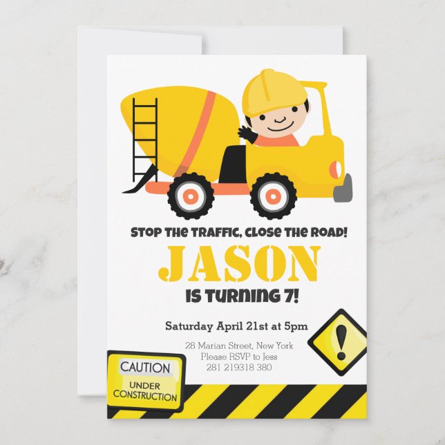 Invitation Anniversaire de enfant de camion de construction (Devant)