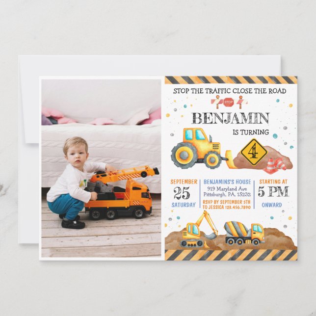 Invitation Anniversaire de enfant de camion de construction (Devant)