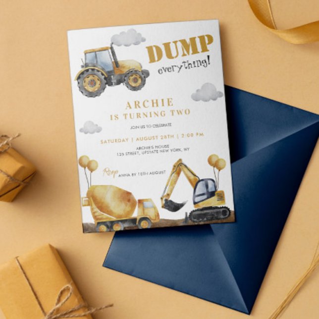 Invitation Anniversaire de enfant de camion de construction (Dump Everything Birthday Boy Construction Dump Truck Yellow Digital Template Birthday Party Invite)