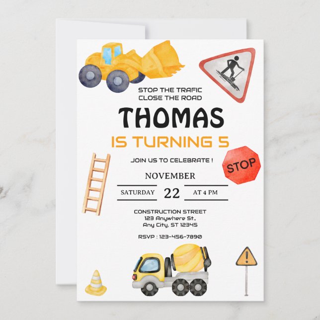 Invitation Anniversaire de enfant de camion de construction (Devant)