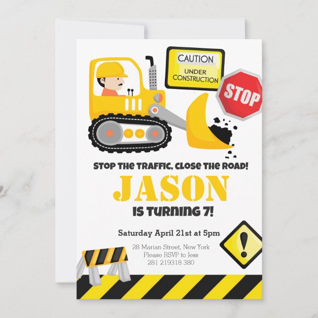 Invitation Anniversaire de enfant de construction Bulldozer (Devant)