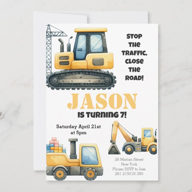 Invitation Anniversaire de enfant de construction Bulldozer (Devant)
