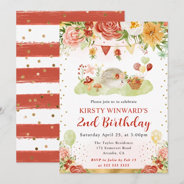 Invitation Anniversaire de enfant de hérisson de bois aquarel (Devant / Derrière)