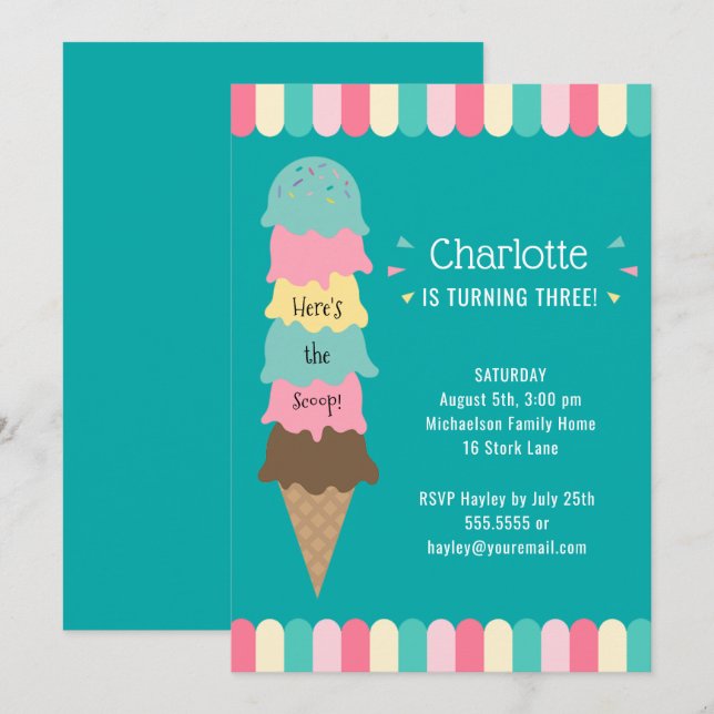 Invitation Anniversaire de enfant de la crème glacée Turquois (Devant / Derrière)