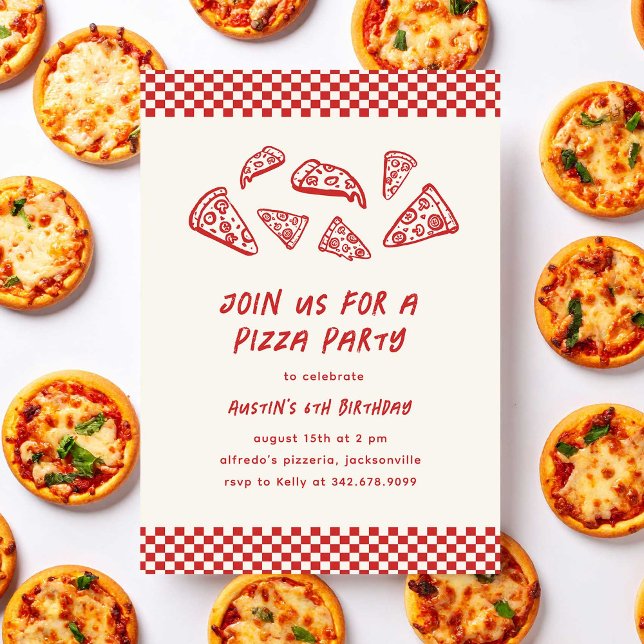 Invitation Anniversaire de enfant de la fête de la Pizza Roug (quirky hand-drawn pizza birthday party invitation for kids)