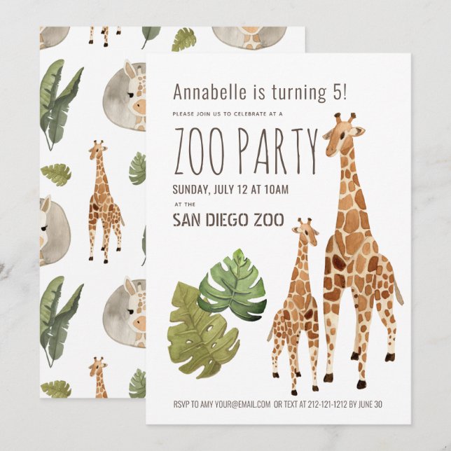Invitation Anniversaire de enfant de la Giraffe Safari Zoo Pa (Devant / Derrière)
